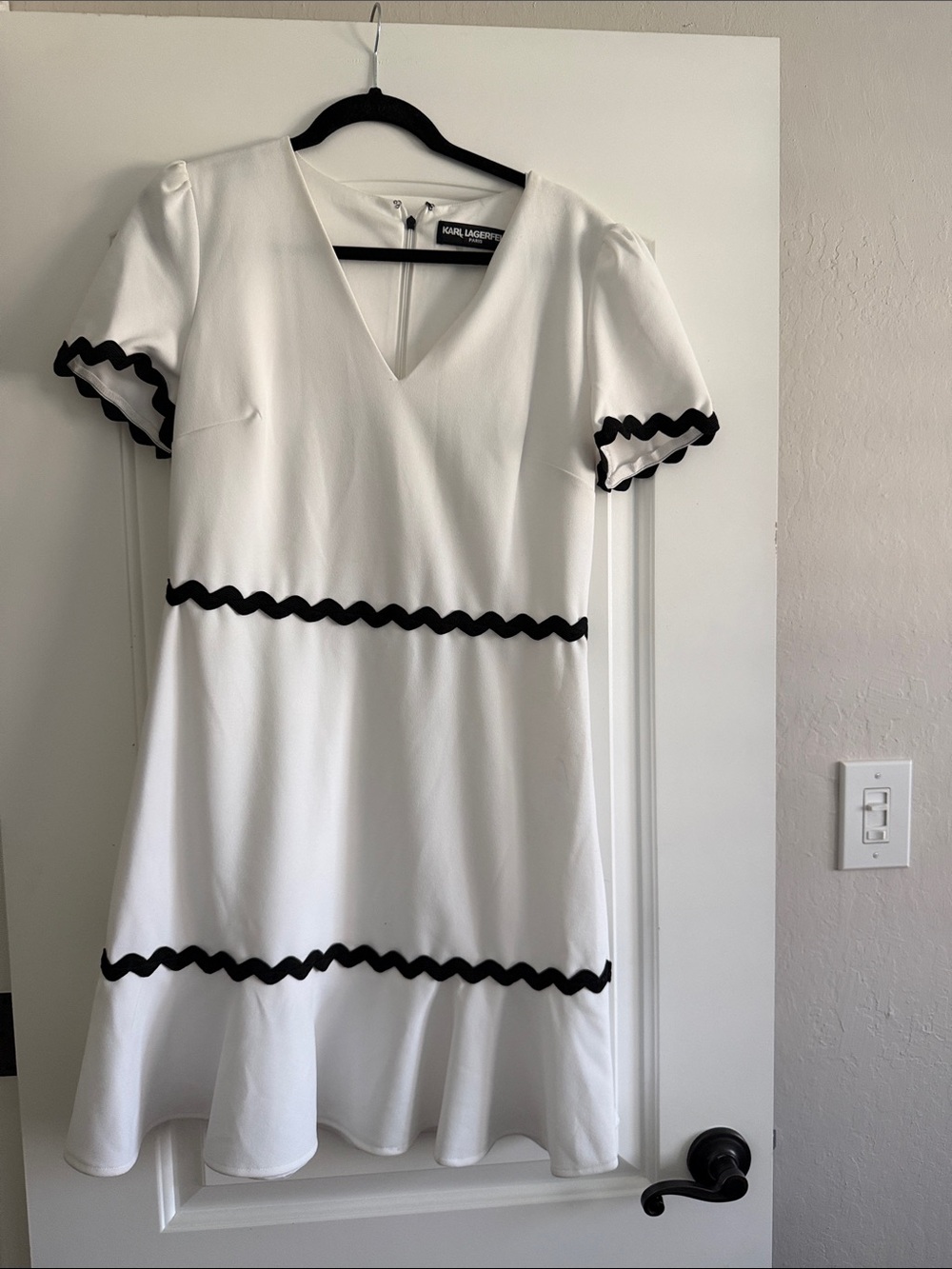Karl Lagerfeld White A-line Midi Dress with Black Rickrack Accents